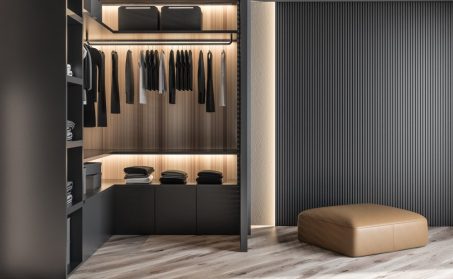 Modern,Wooden,Wardrobe,With,Clothes,Hanging,On,Rail,In,Walk