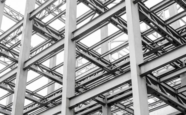 Steel,Beams,Against,The,Blue,Sky.,Fragment,Construction,Site.