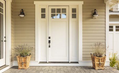 White,Front,Door,With,Small,Square,Decorative,Windows,And,Flower